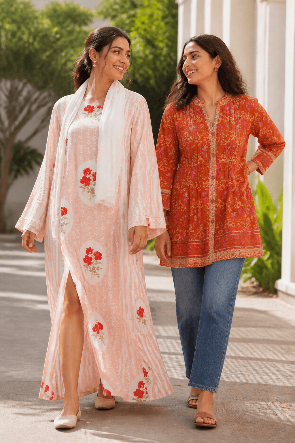 Two young Indian women in floral maxi and rust pintucks tunic outdoors