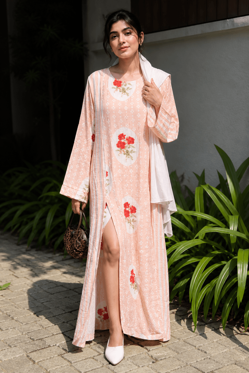 Peach floral medallion cotton maxi dress with thigh slit and white scarf