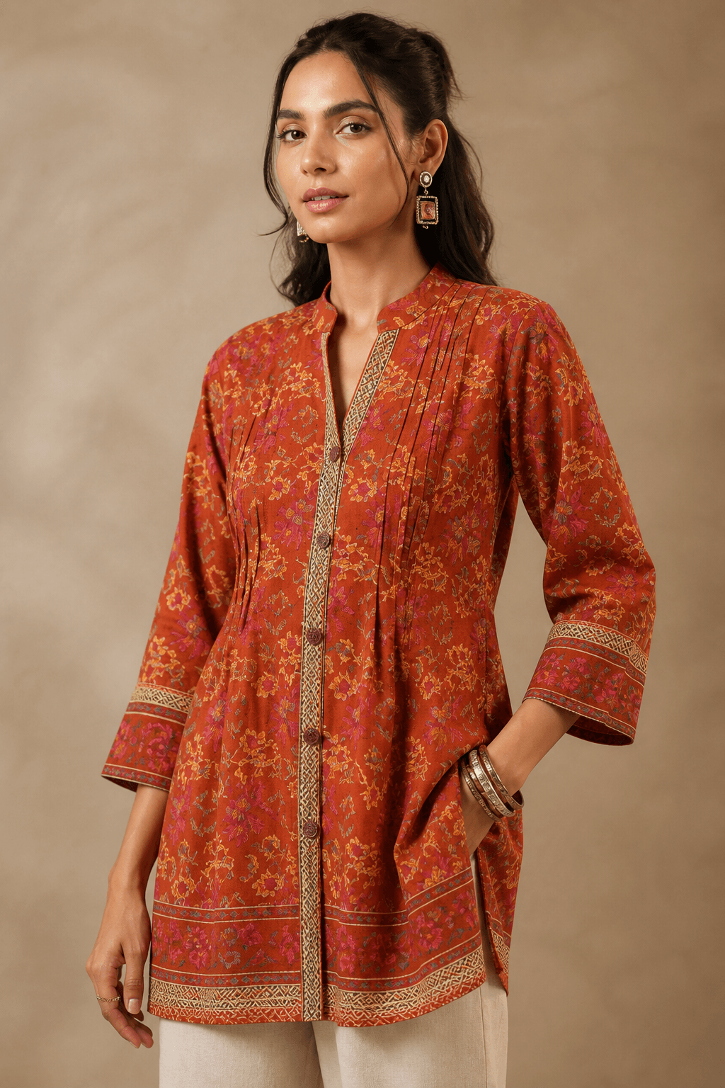 Rust-orange floral cotton pintucks tunic with mandarin collar