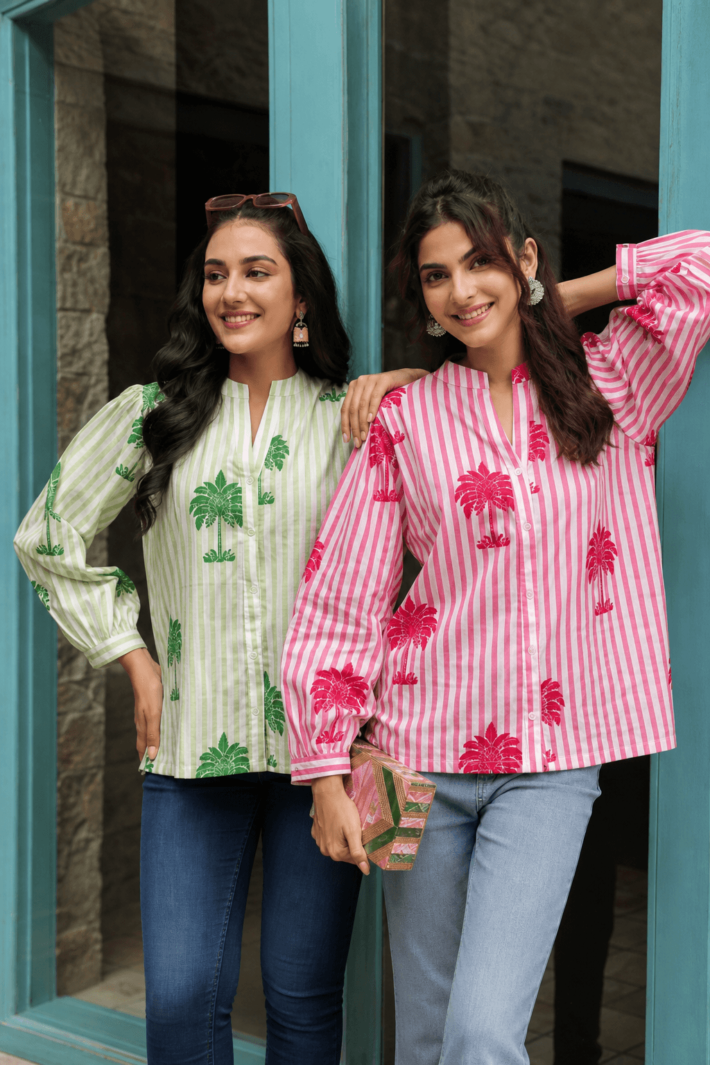 Palm-print striped cotton shirts in lime and pink with denim